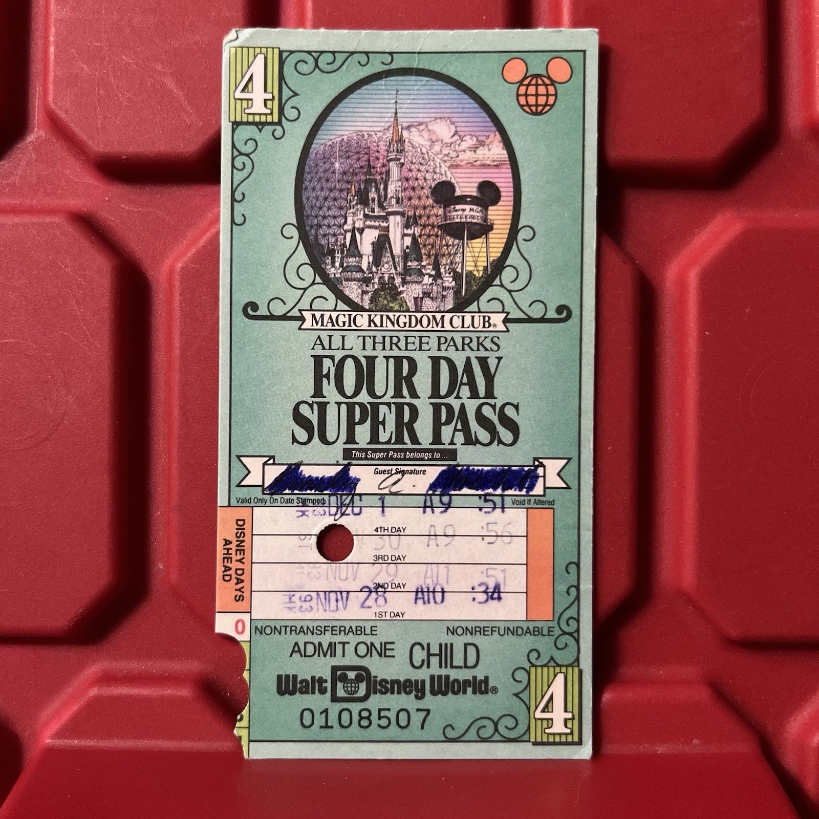 Walt Disney World 4 Day Super Pass Admit One Child Ticket Pair Pre Owned Vtg 90s