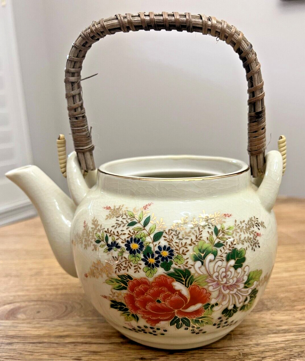 Vintage Japan Teapot OMC Japan Otagiri Floral Pattern Wicker Handle Ceramic