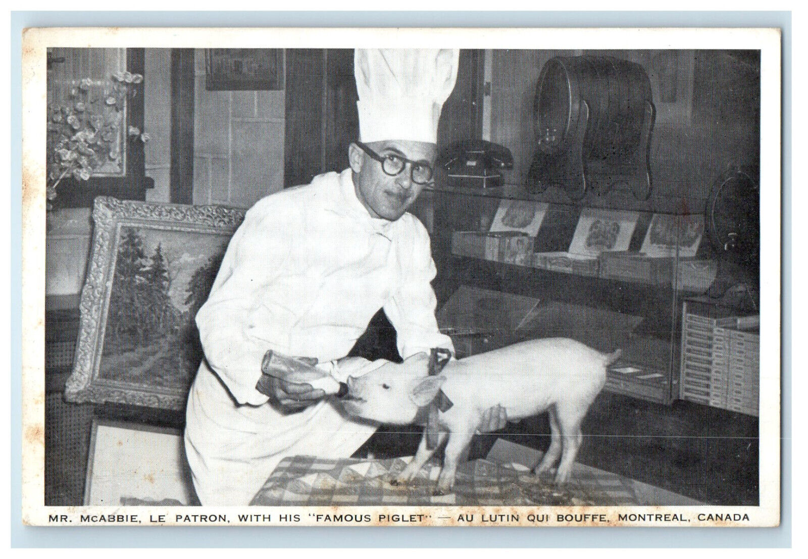 c1960s Mr. Mcabbie & Famous Piglet, Au Lutin Qui Bouffe Montreal Canada Postcard