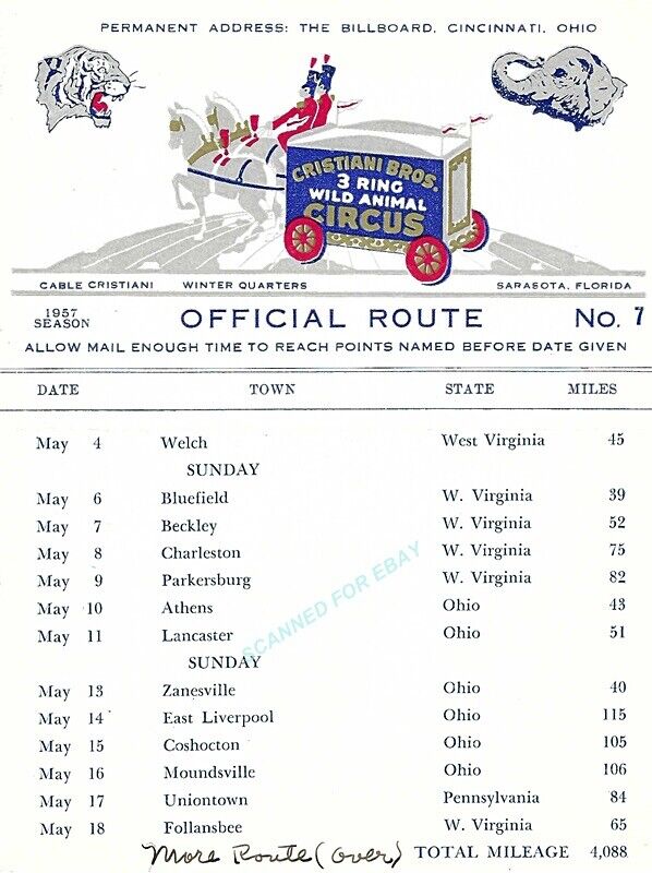 Cristiani Bros Circus Official Orig 1957 Route Card No. 7
