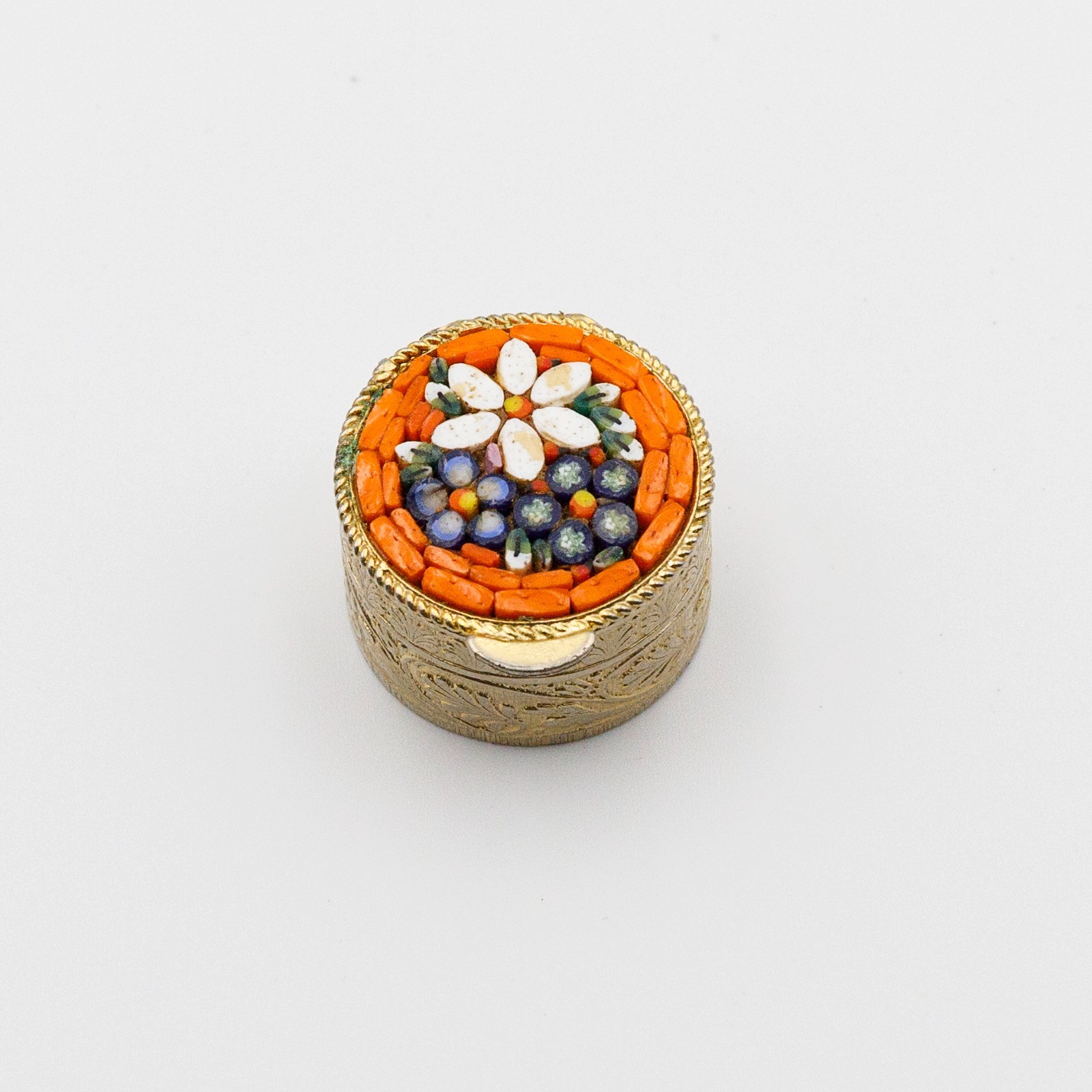 Vintage Italian Style Micro Mosaic Pill Trinke Box Round Floral Gold Tone 1