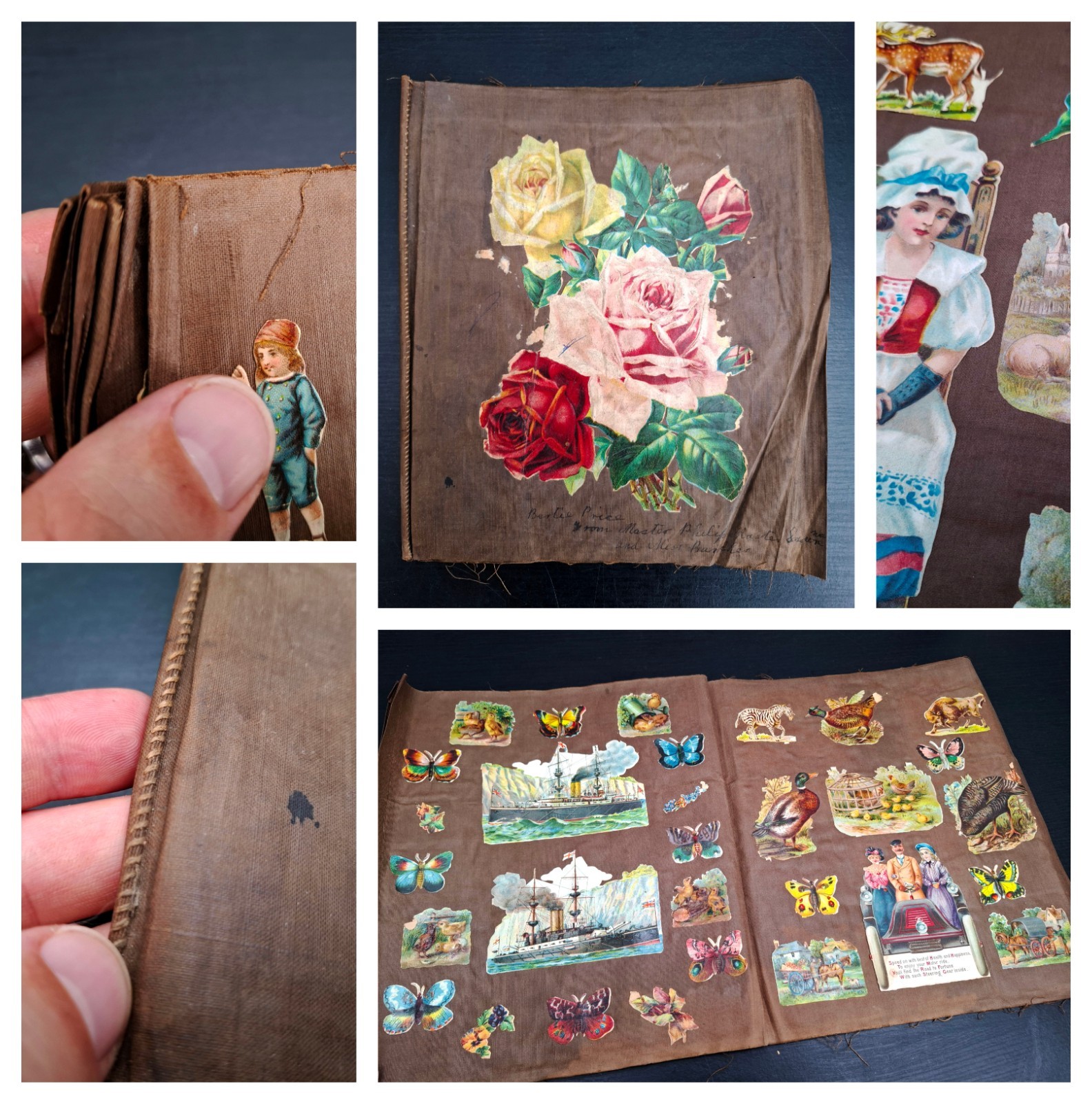c1900 Antique Victorian Edwardian Cloth Scrapbook Album Die Cut Scraps Postcards