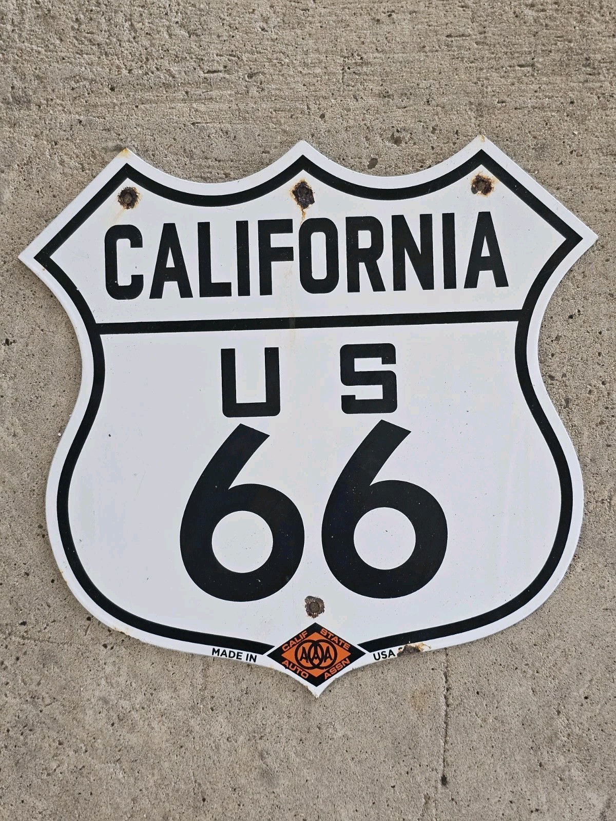 VINTAGE CALIFORNIA ROUTE 66 CALIFORNIA STATE AUTO ASSN. PORCELAIN SIGN 16 X 15 VINTAGE CALIFORNIA ROUTE 66 CALIFORNIA STATE AUTO ASSN. PORCELAIN SIGN 16 X 15