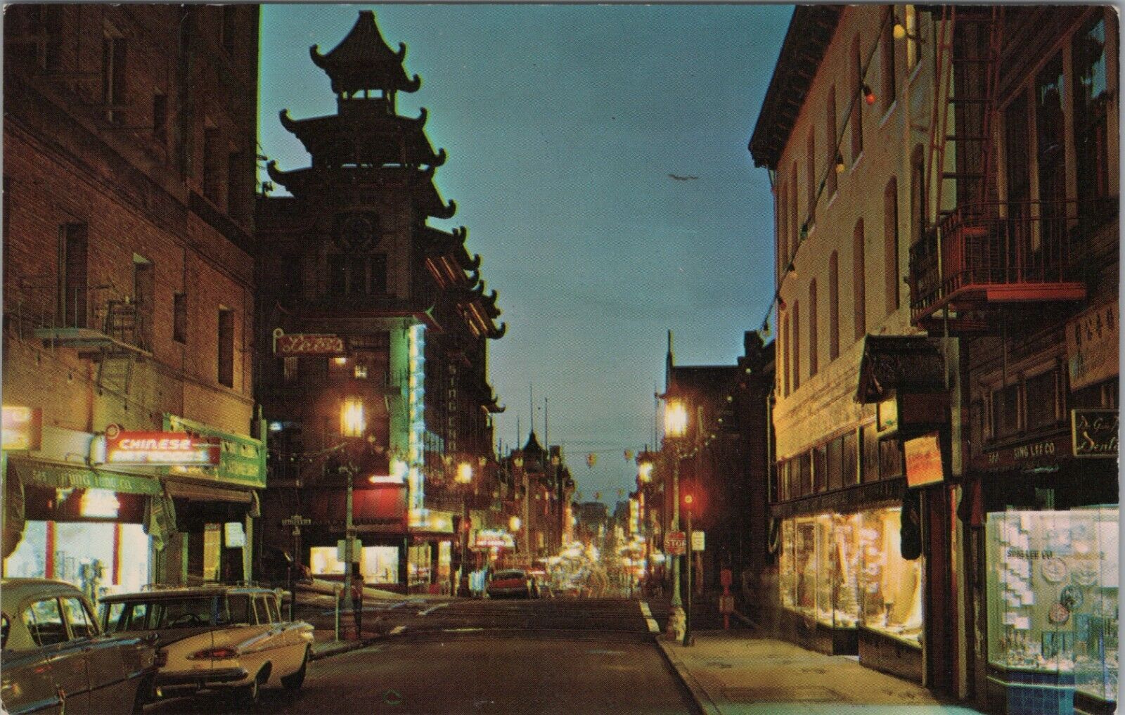 c1950s Chinatown at night San Francisco California neon autos postcard E786