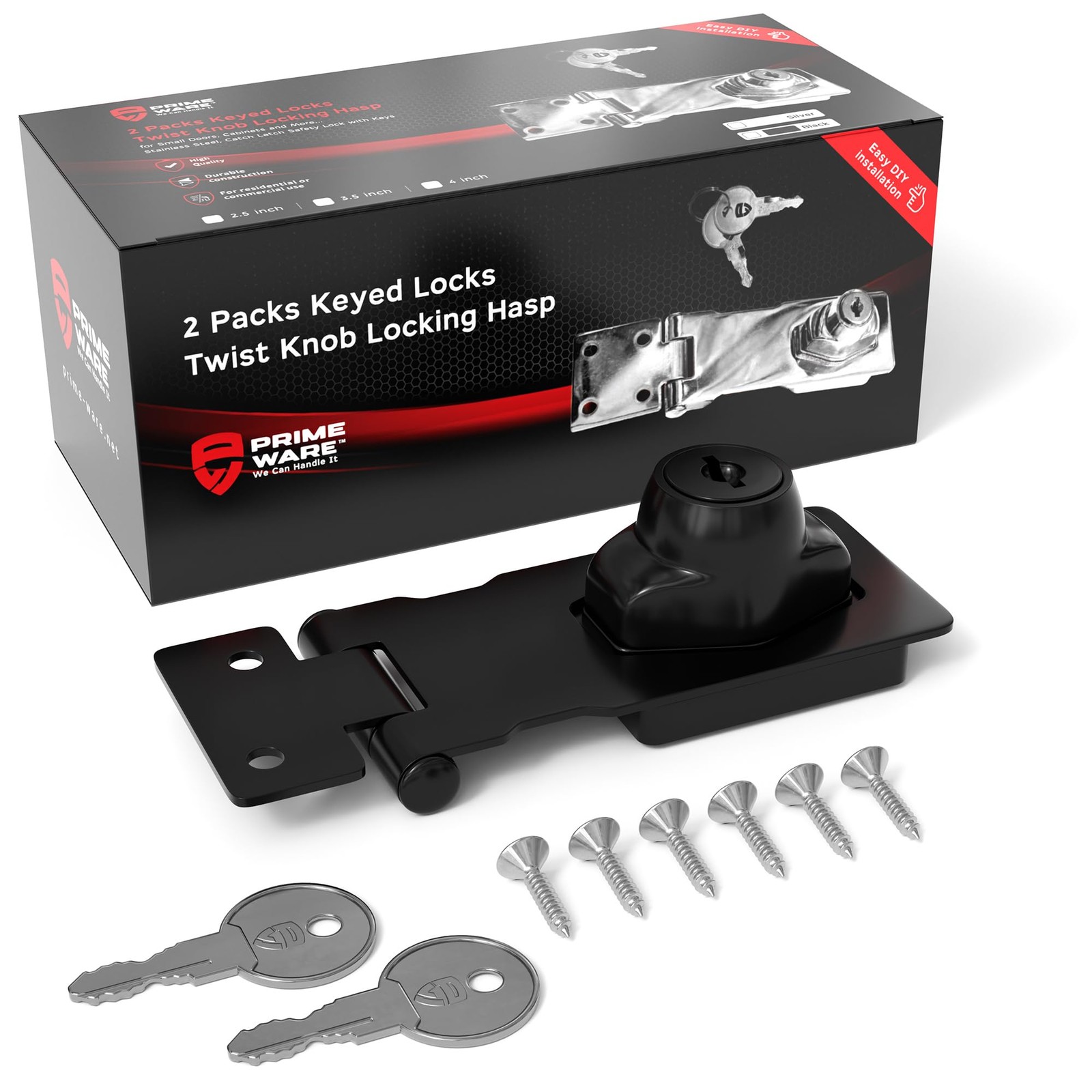 Primeware Keyed Twist-Knob Hasp Latch, Complete Kit with Keys & 2.5\