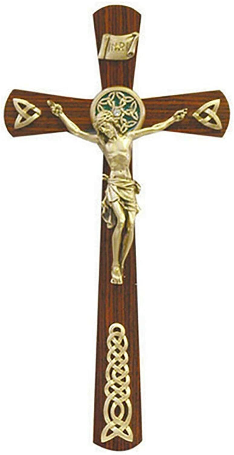 Antiqued Tone Walnut Wood Crucifix with Gold Tone Celtic Plaque Center ,12 In