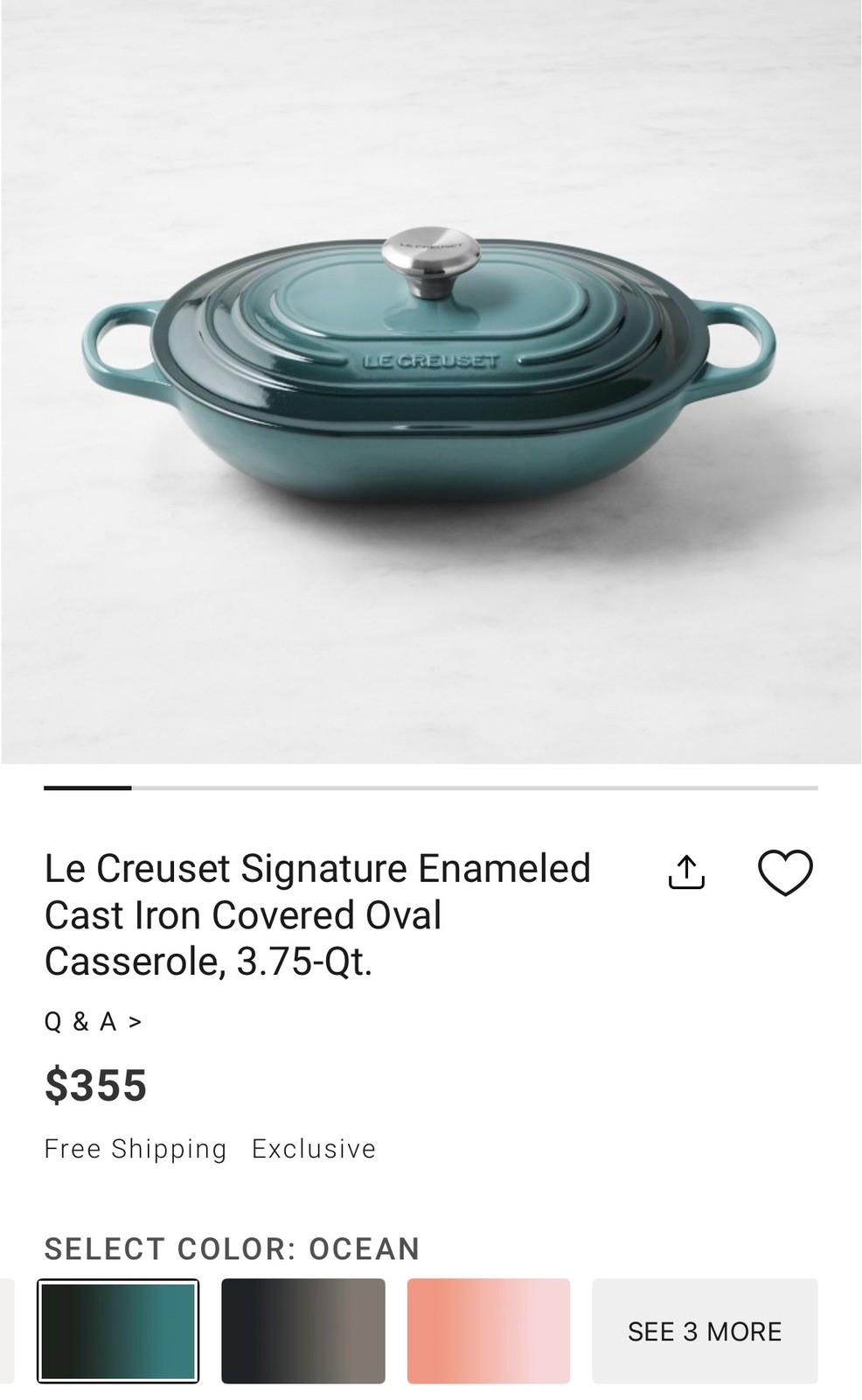 Le Creuset Signature Enameled Cast Iron Covered Oval Casserole 3.75Qt- All color