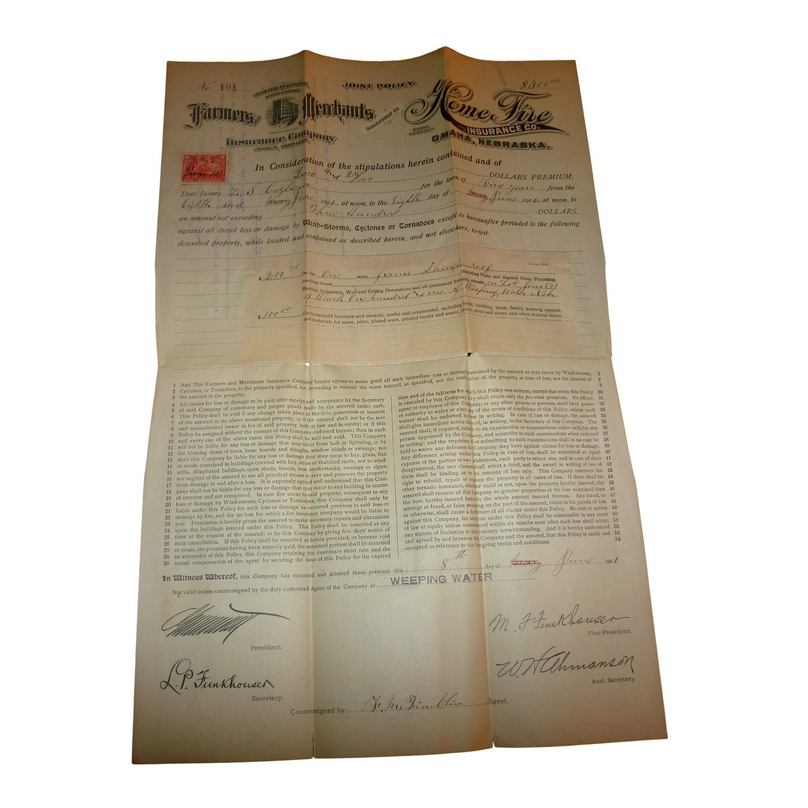 1901 Weeping Water Nebraska Tornado Insurance Policy 1898 Revenue Stamp Coglizer