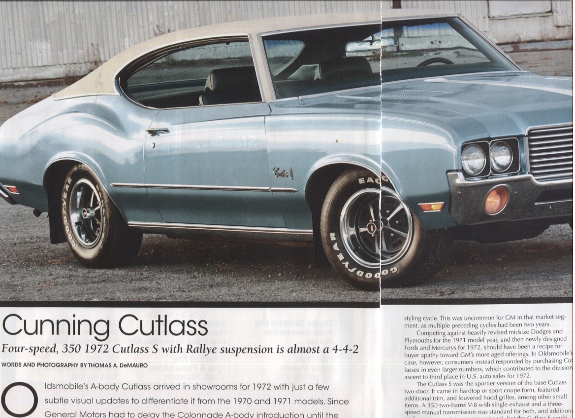 1972 OLDSMOBILE CUTLASS S HARDTOP 6 pg Color Article 1972 OLDSMOBILE CUTLASS S HARDTOP 6 pg Color Article