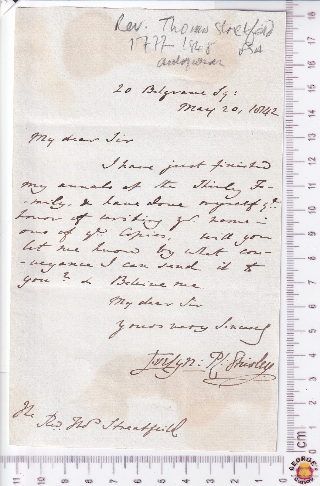 1842 Evelyn P Shirley 1p ALS to Antiquary Rev Thomas Streatfeild Belgrave Sq