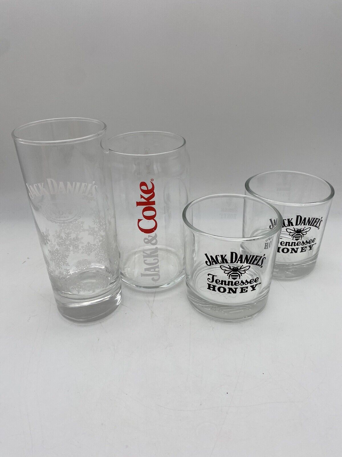 Jack Daniels Collectible Lot 4 Glasses Old No. 7 Jack&Coke Tennessee Honey Rocks
