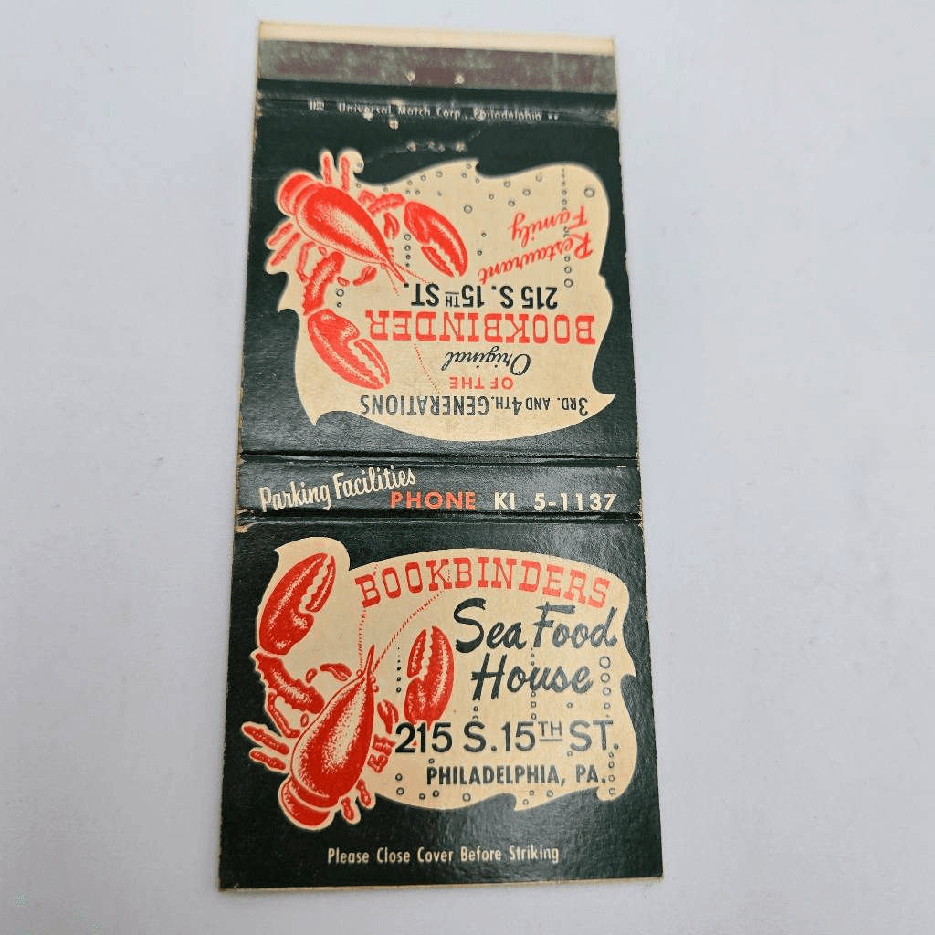 Vintage Matchcover Bookbinders Seafood House Restaurant Boston Massachusetts