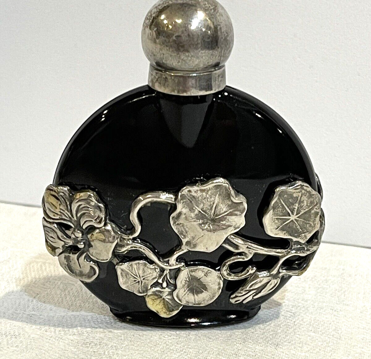 art deco perfume flask bottle silver overlaid amethyst glass