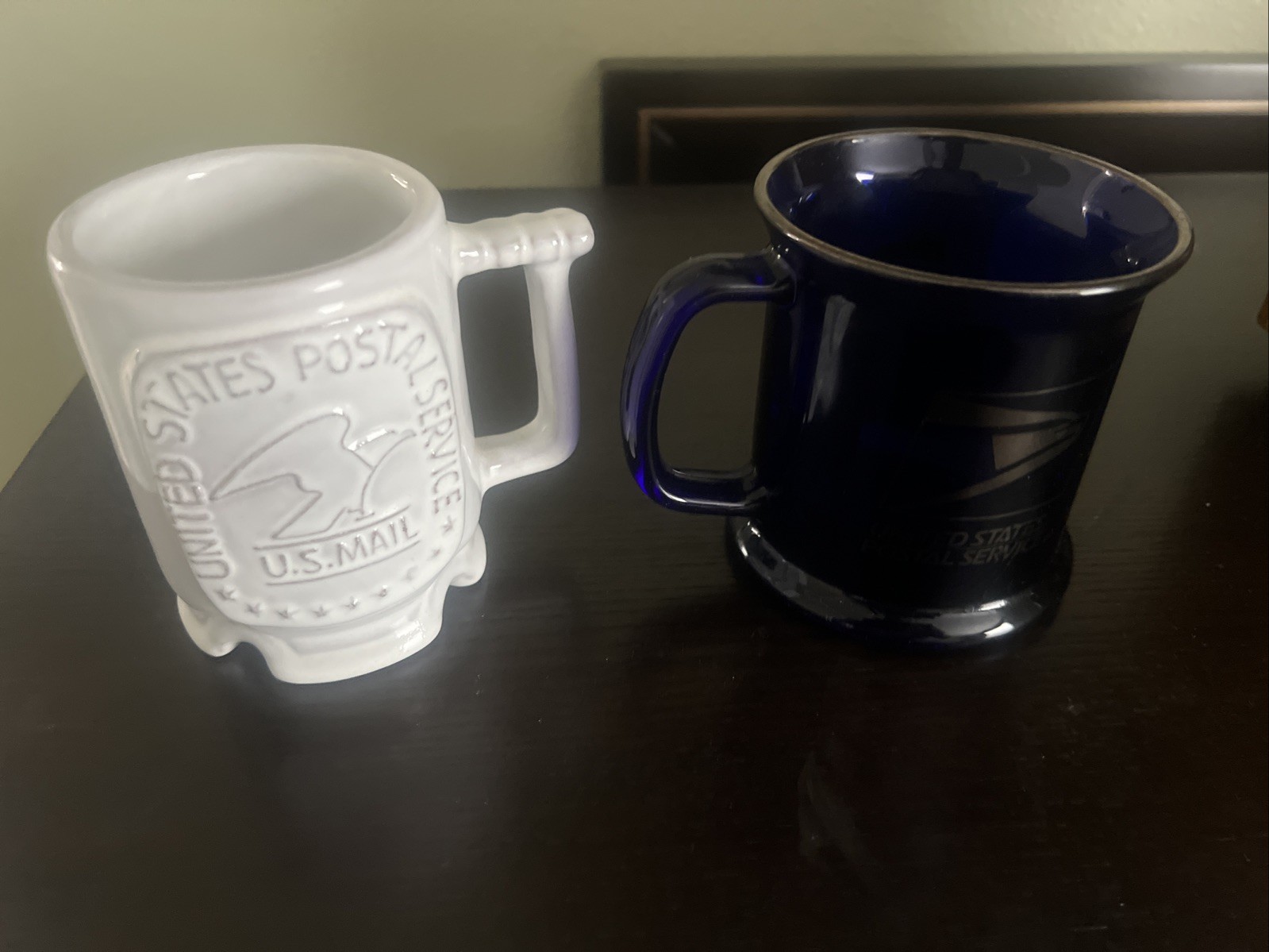 USPS Vintage Blue Glass & White Coffee Mug United States Postal Service