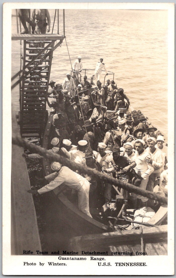 Vintage RPPC Postcard USS Tennessee Marine Rifle Team Guantanamo Bay Winters Pho
