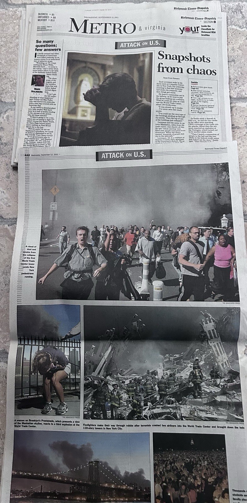 Richmond Times Dispatch “America’s Darkest Day” Sept 12, 2001 - 9/11 Coverage