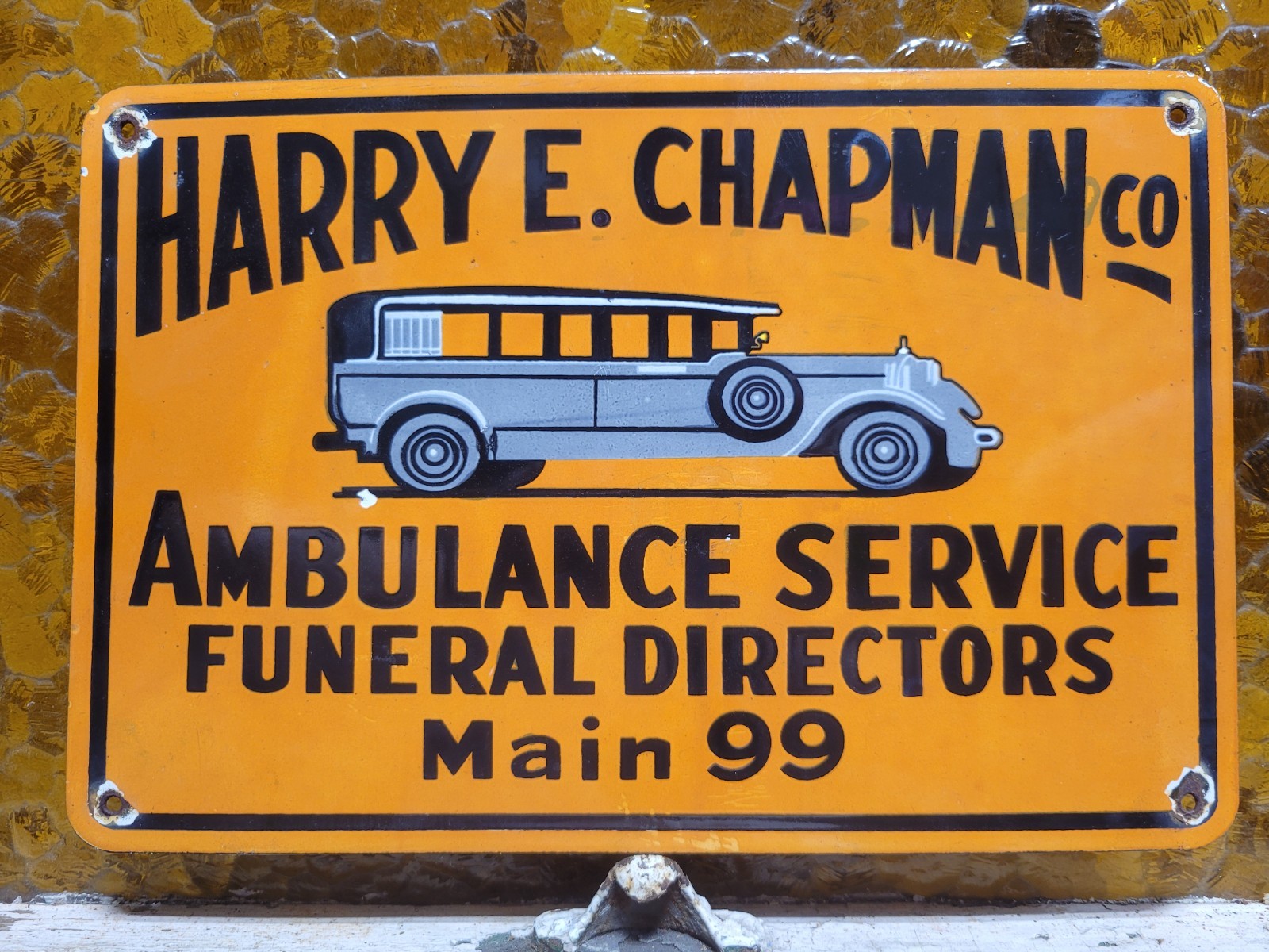 VINTAGE AMBULANCE PORCELAIN SIGN OLD FUNERAL DIRECTOR HARRY CHAPMAN MORGUE DEATH