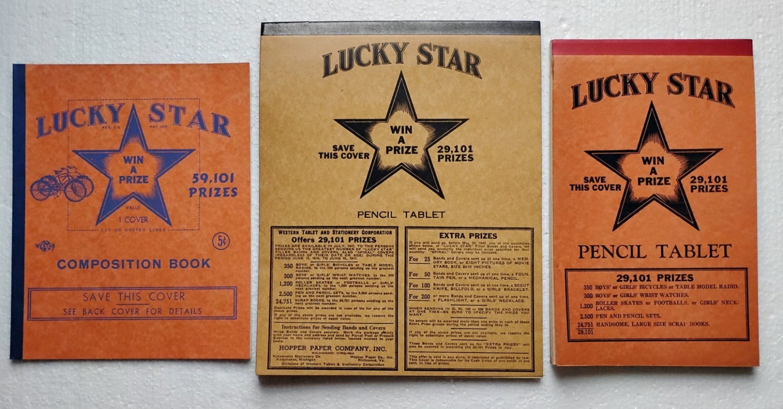 Vintage 1940s Lucky Star Pencil Tablets New Old Stock 3 Different