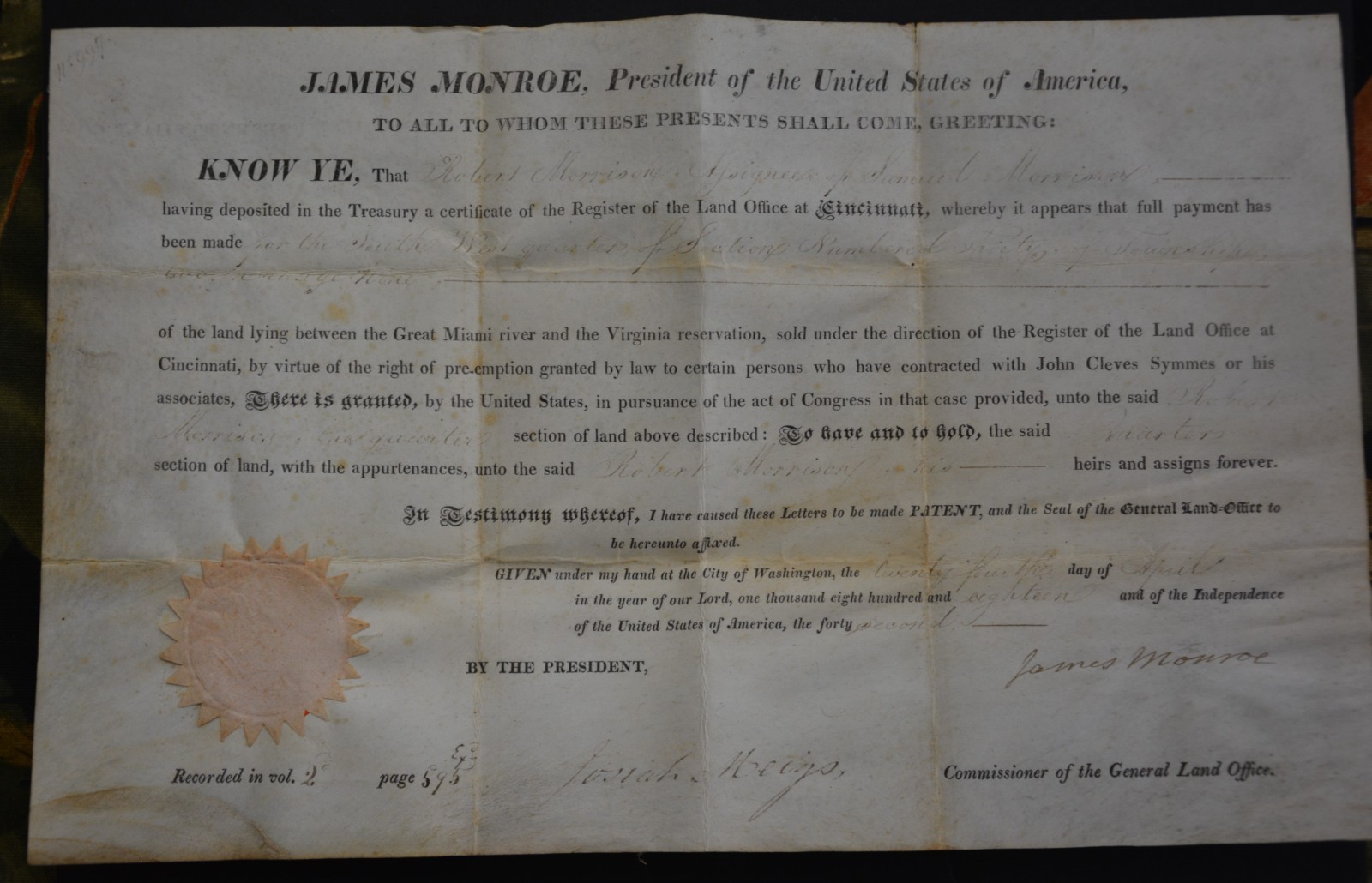 President James Monroe autograhed Land Document