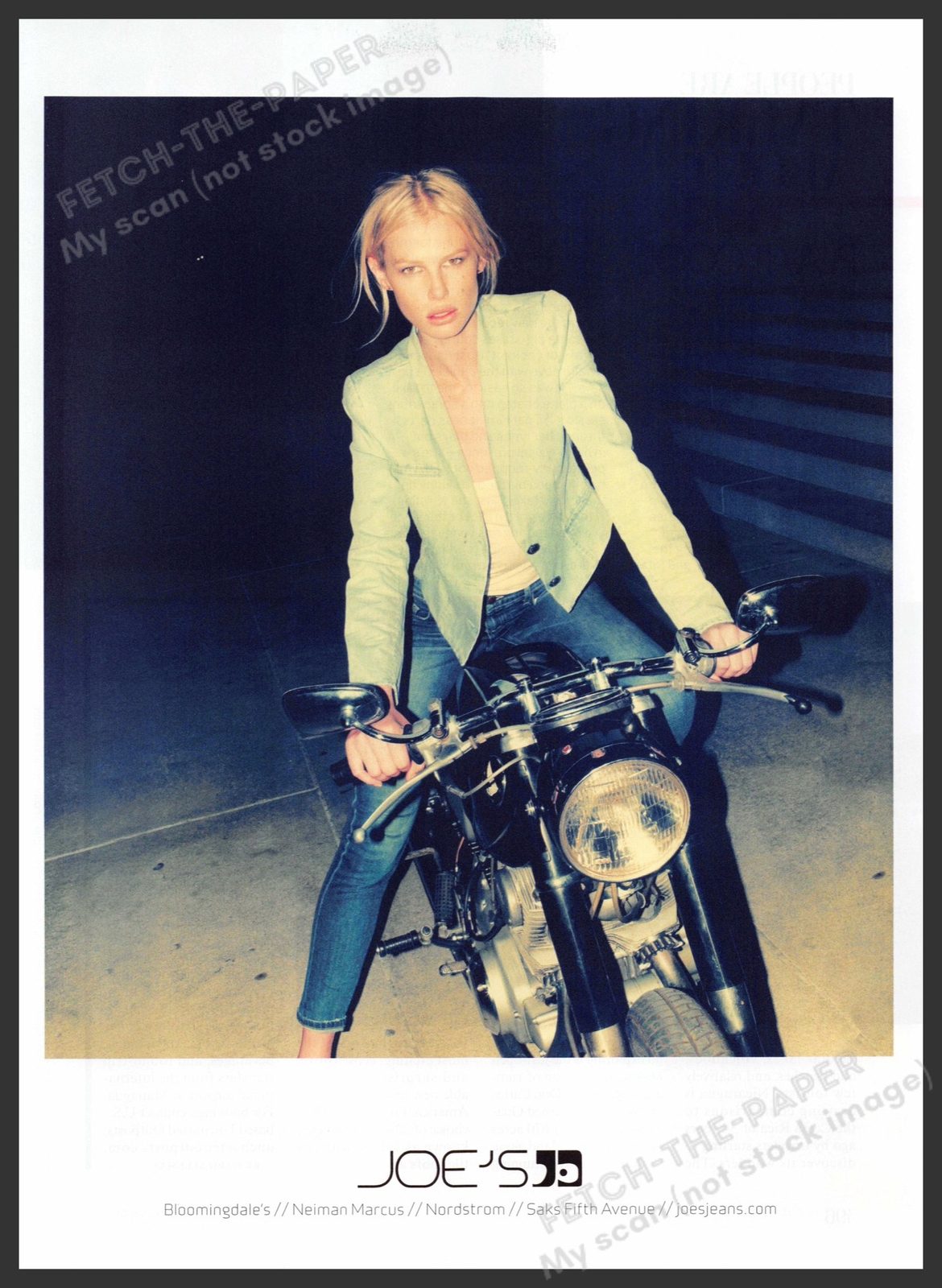 Joe\'s Jeans 2010s Print Advertisement 2013 Girl on Motorcycle Joe\'s Jeans 2010s Print Advertisement 2013 Girl on Motorcycle