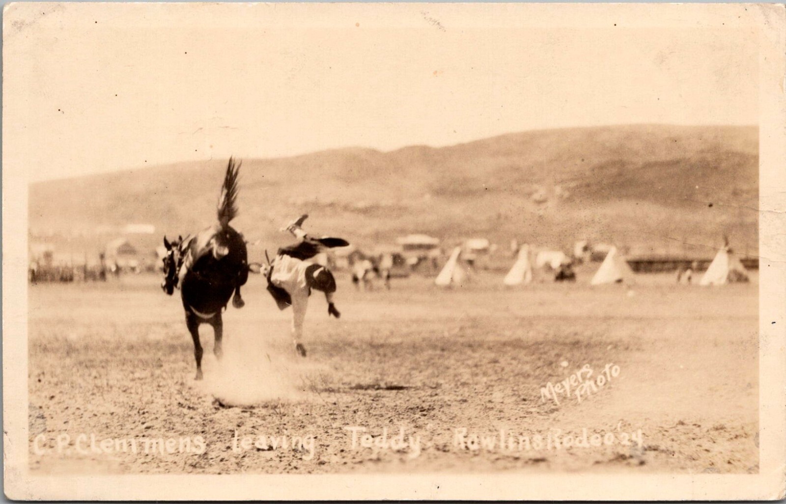 Postcard WY Rawlins Rodeo 1924; C R Clemmens leaving Teddy  RPPC Real Photo  Bf