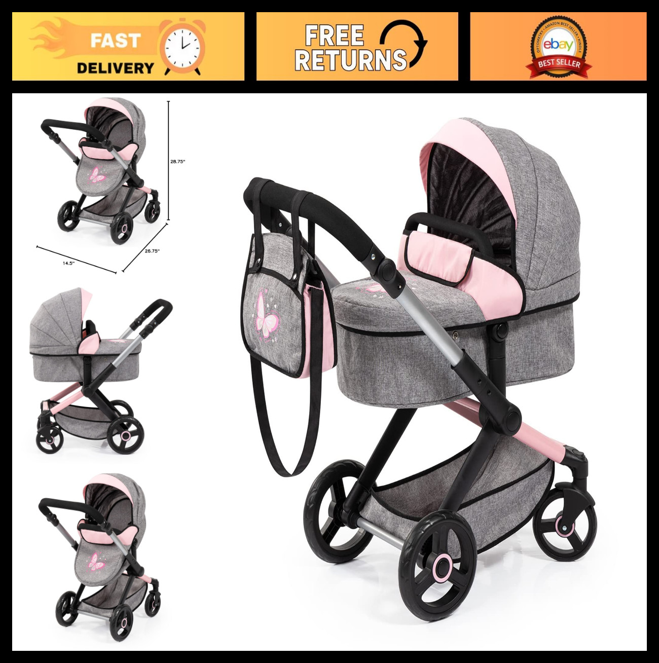 Convertible Baby Doll Stroller for 20\ Convertible Baby Doll Stroller for 20\