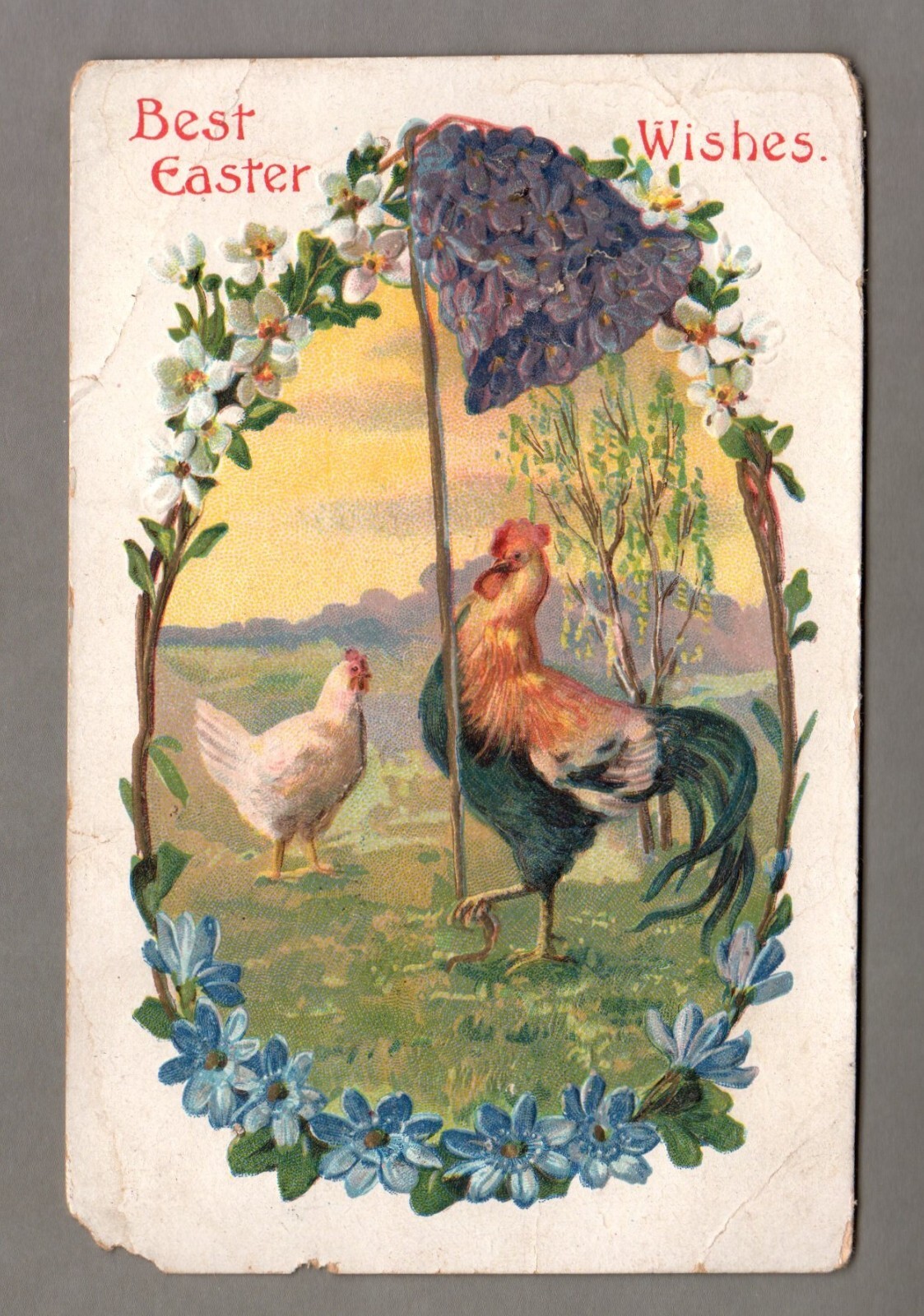 Vintage 1908 Easter Postcard, Hen & Rooster, Embossed, SL & Co. Germany Retro