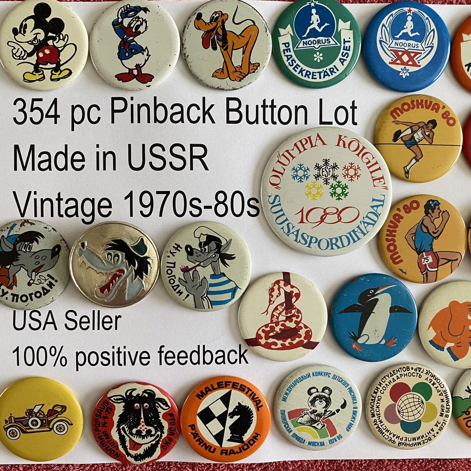 1970s 1980s Button Collection, Made in USSR, Pinback Button Lot, 1980 Olympics