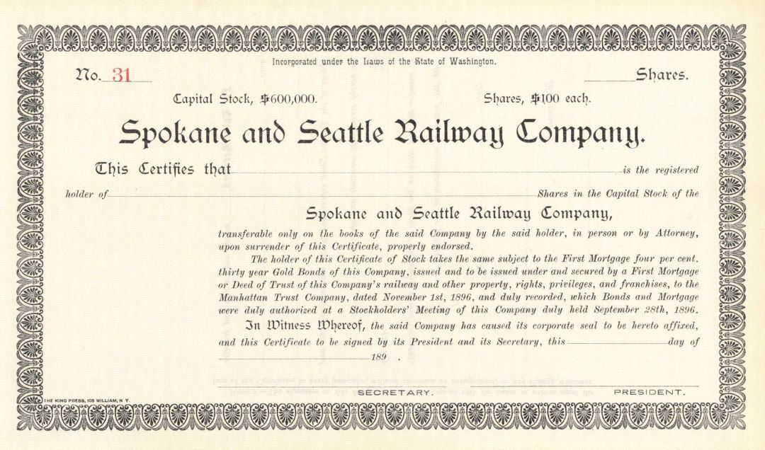 Spokane and Seattle Railway Co. - 1890's dated Unissued Railroad Stock Certifica