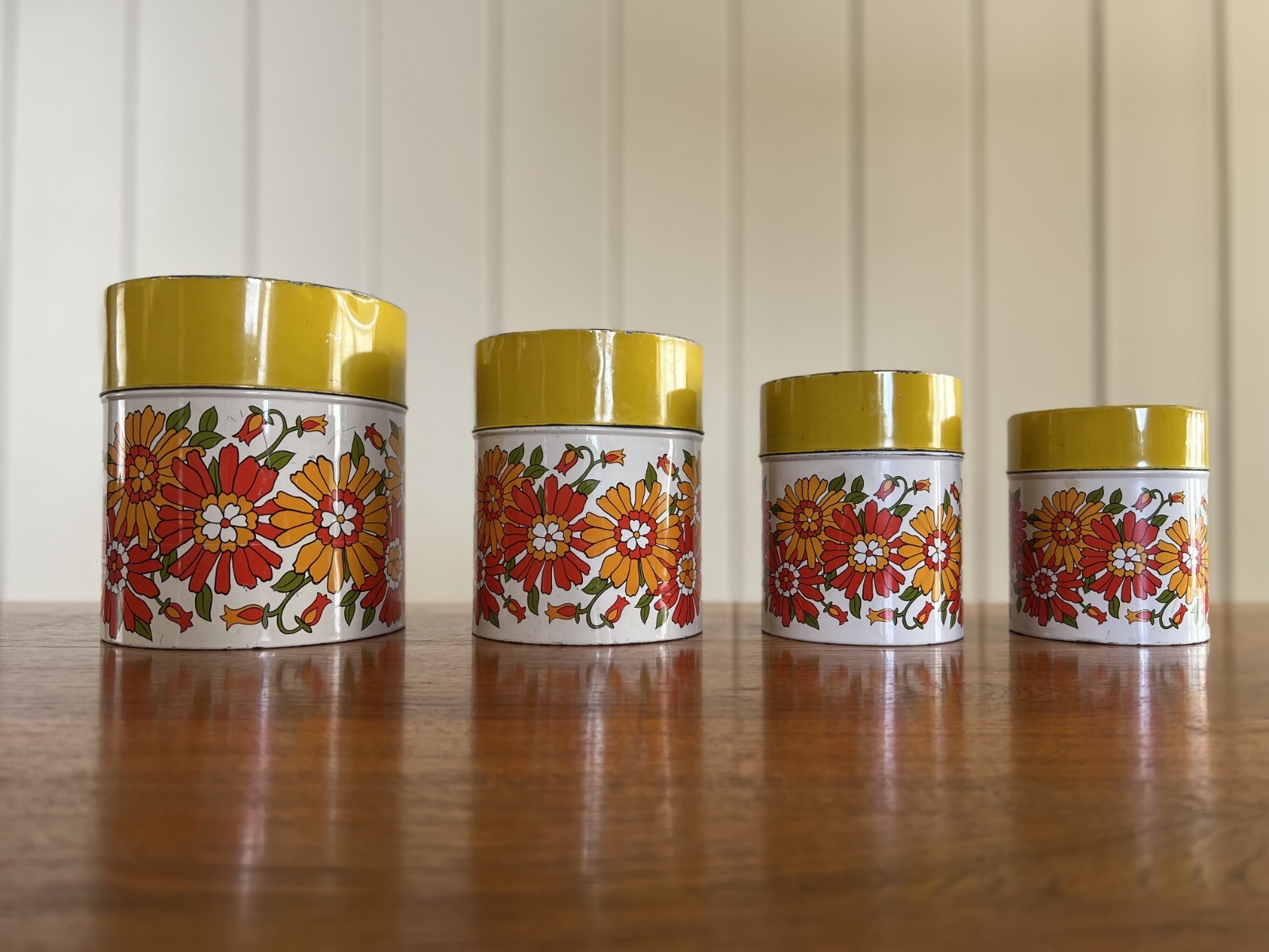 Vintage 1960s-1970s Yellow, Orange And Green Flower Nesting Canisters Rare