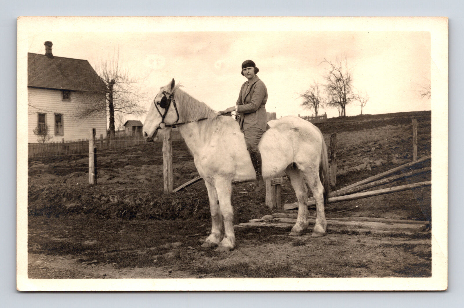 RPPC Woman on Large White Horse at Hillside Farm Homestead Real Photo Postcard