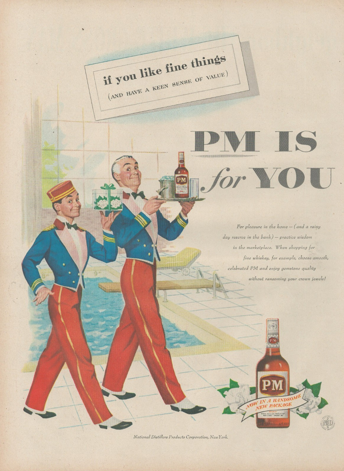 1955 PM Whiskey If You Like Fine Things Pool Side Gift Vintage Print Ad
