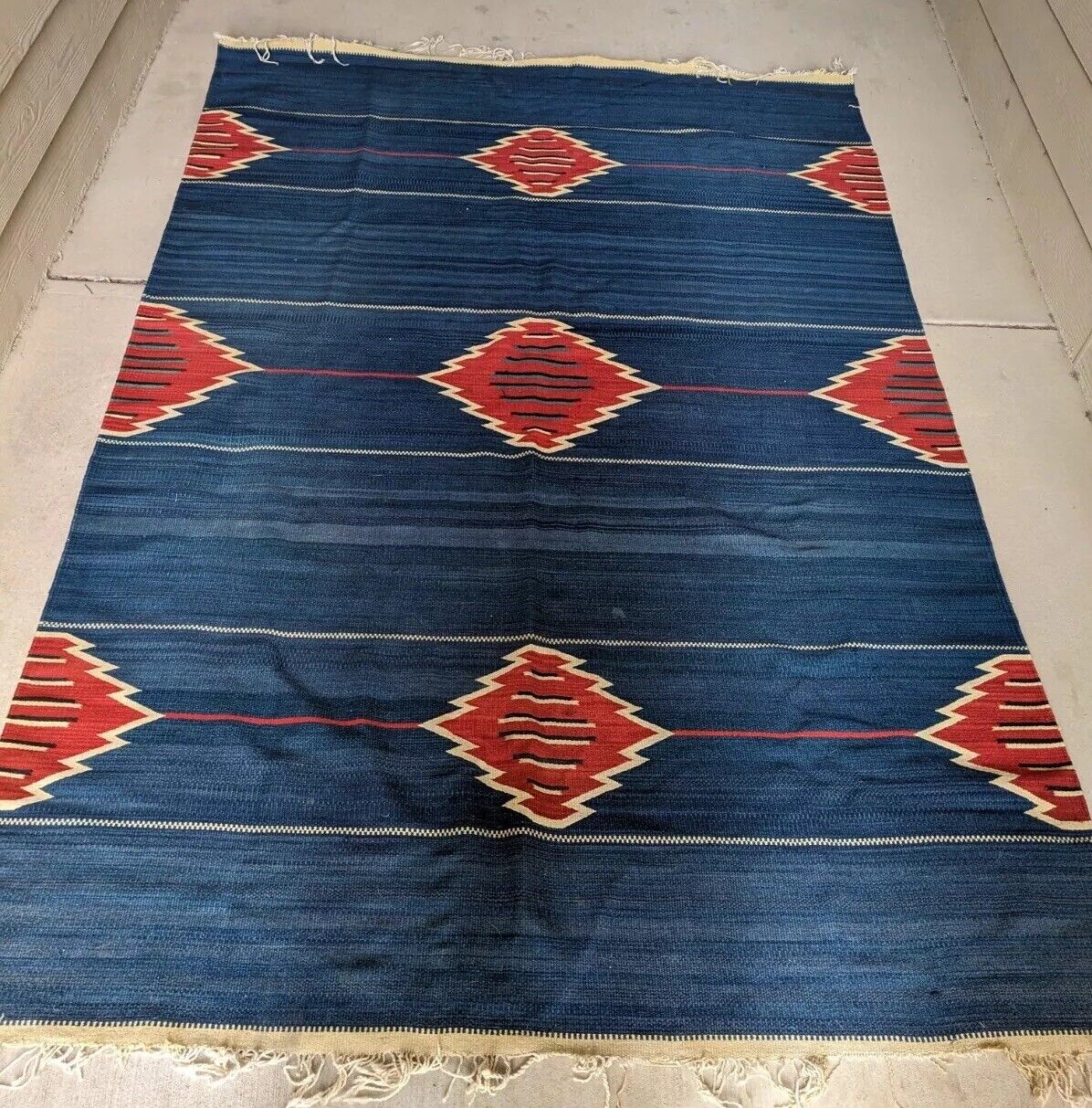 Vintage Zapotec Rug Hand Woven Oaxaca Mexican Dark Blue & Red Large Unique 1990