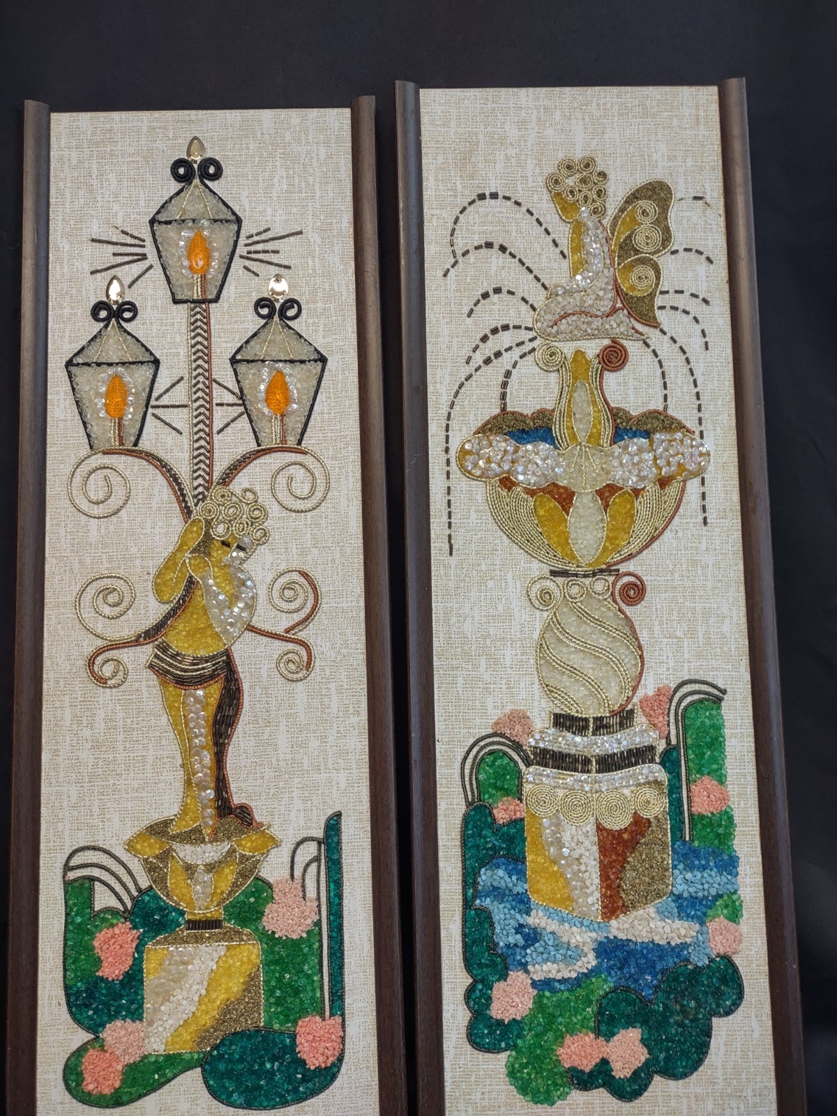 VTG Pair MCM Mosaic Pebble Gravel Wall Art Garden Fountain And Garden Light 