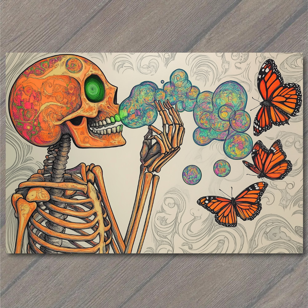 POSTCARD Skeleton With Glowing Eye Orange Butterfly Rainbow Bubble Surreal Emo