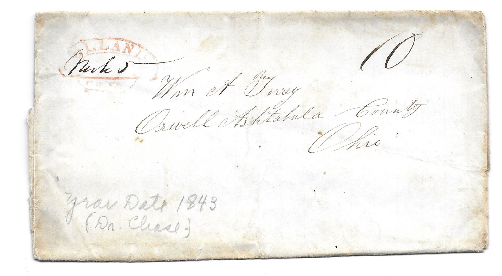 Antique 1843 Stampless Letter Wm of Torry Orwell Ashtabula County Ohio Dr. Chase Antique 1843 Stampless Letter Wm of Torry Orwell Ashtabula County Ohio Dr. Chase