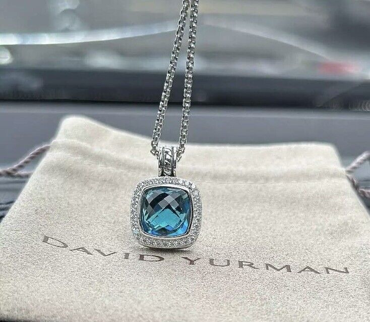 David Yurman Sterling Silver 11mm Albion Pendant Necklace Hampton Blue & Diamond