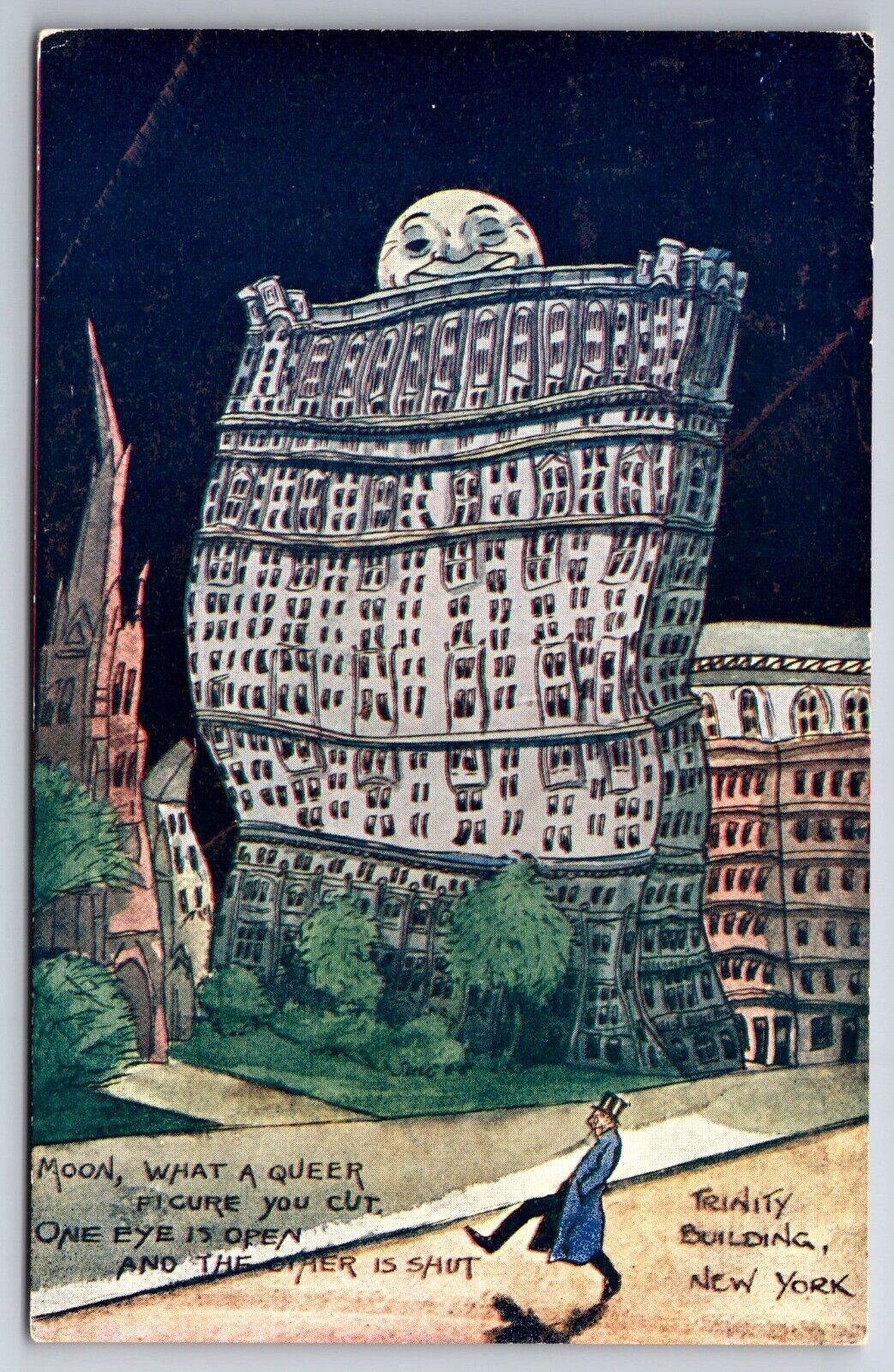 NYC Postcard 1910 Trinity Building Moonlight hiding gay interest quote Postcard
