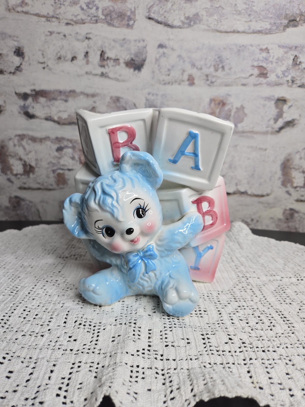 Vintage 1960s Blue Baby Block & Bear Vase/Planter Vintage 1960s Blue Baby Block & Bear Vase/Planter