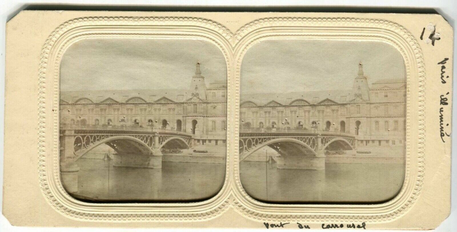 Vintage Stereoview Day/Night - Carrousel Bridge, Paris illuminé Albumen c.1870
