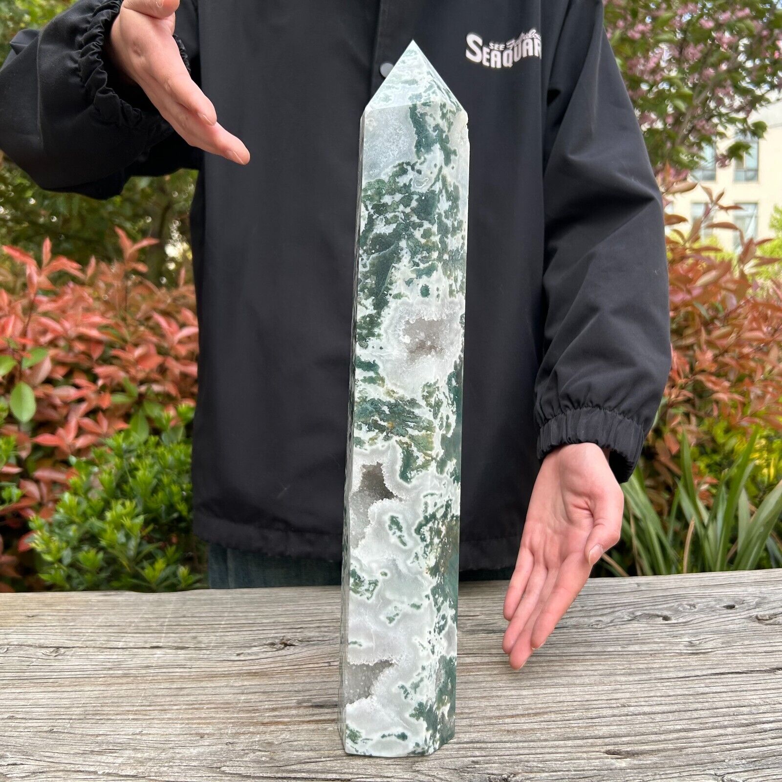 6.9LB 15.6\'\' Large Natural Moss Agate Crystal Reiki Healing Point Tower Obelisk