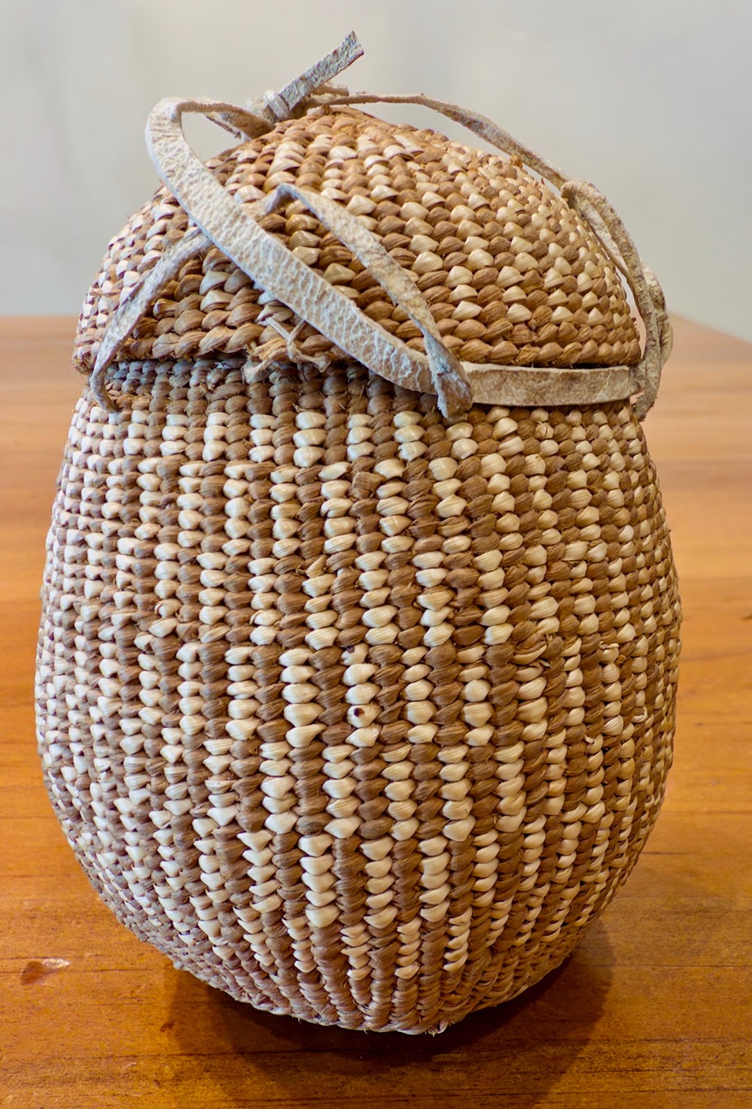 Vintage Southern Arizona Tribe Miniature Lidded Basket with Buckskin Ties