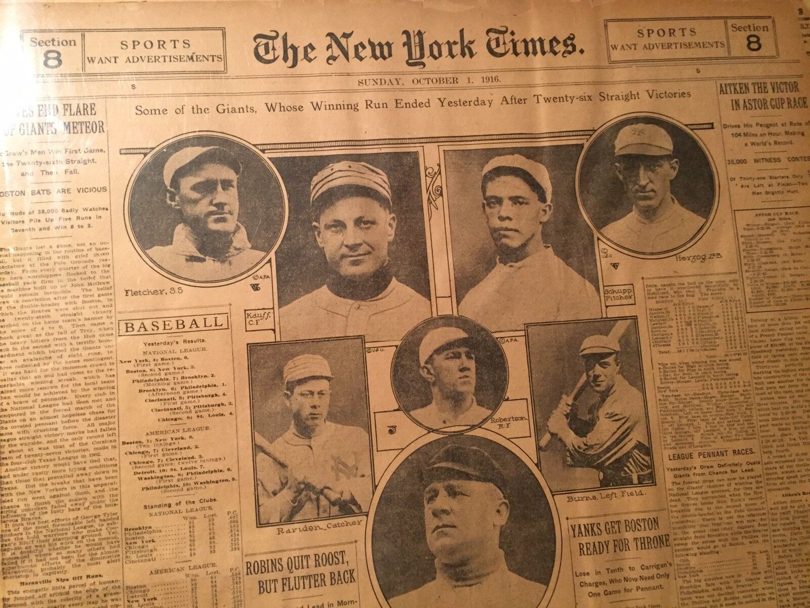 RARE 1916 New York Times Paper MLB Record 26 Game Winning Streak NYGiants