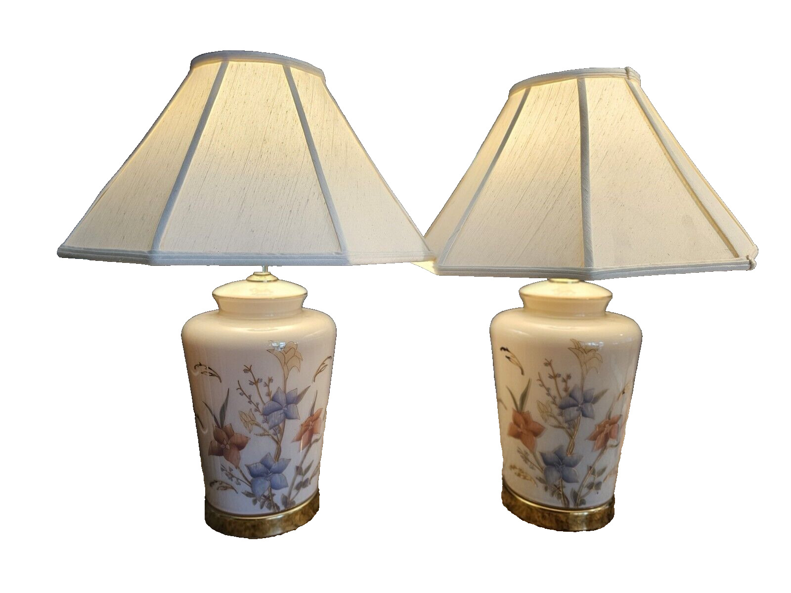 Pair Vintage Porcelain Floral Medallion Design Hand Painted Oriental Style Lamps