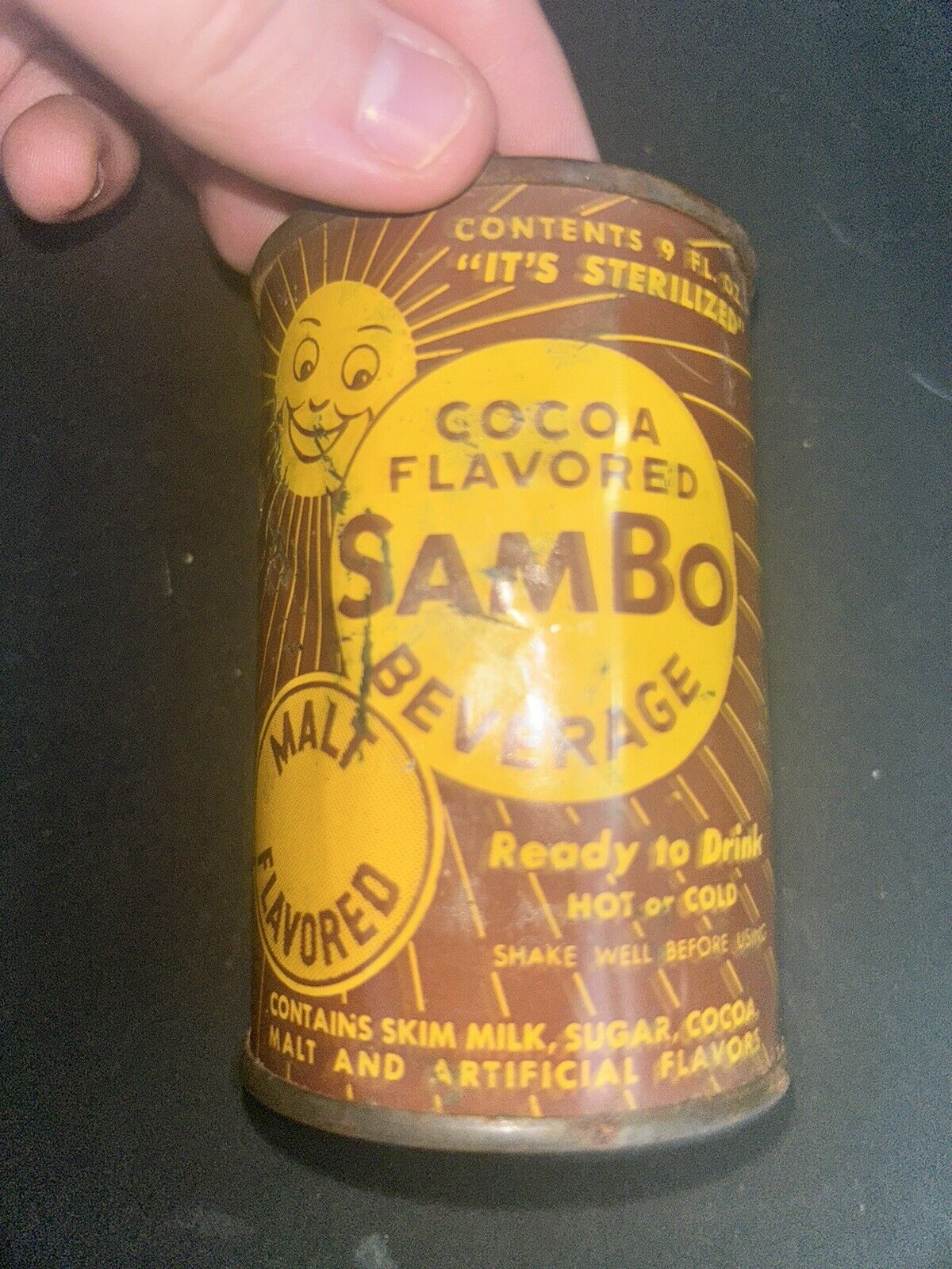 Rare Old Vintage 1950s Sambo Chocolate Malt Drink Flat Top Soda Can Black (HOLE)