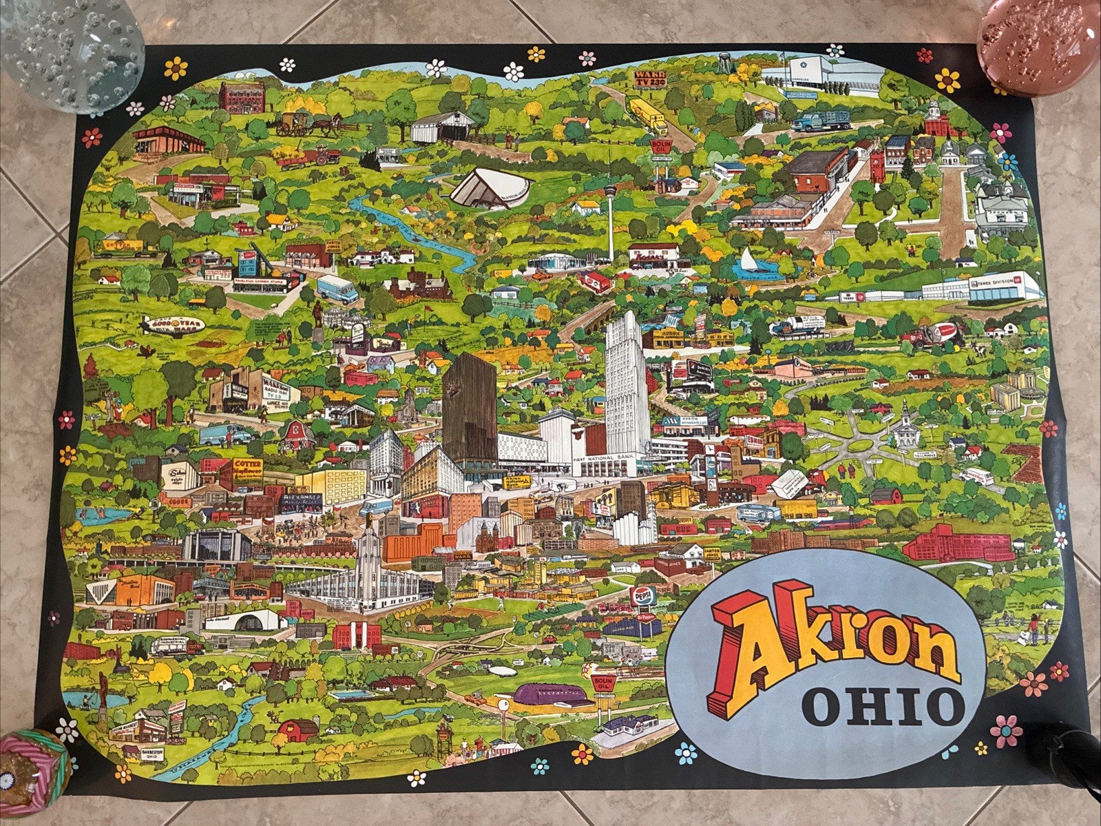 Vintage Akron Ohio Cartoon City Map Blossom WAKR Chrysler Kosar’s Cathedral Etc