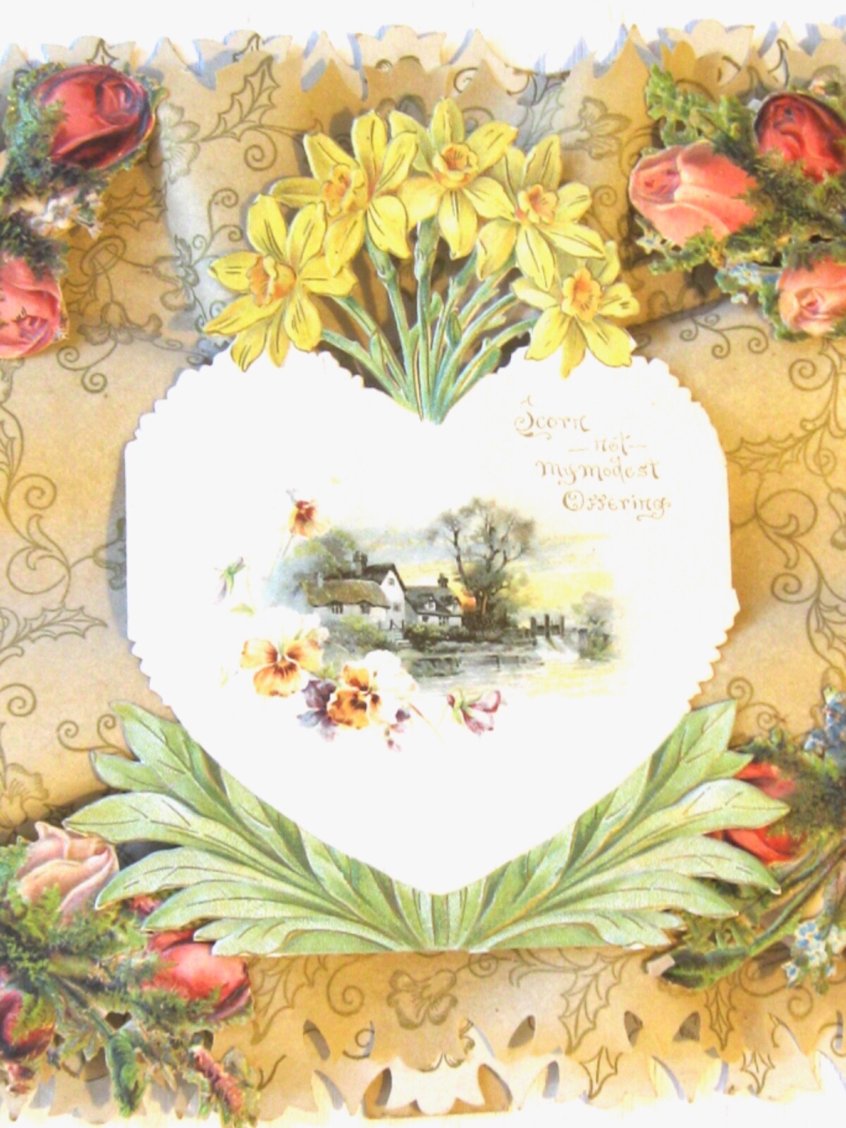 ANTIQUE VICTORIAN PAPER SQUARE LAYERED VALENTINE EASEL DAFFODILS ROSES & HEART
