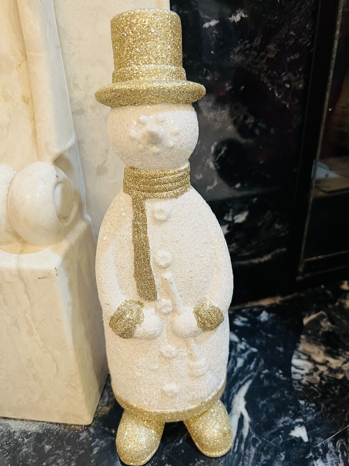 Holiday In July- 12” Cute Sparkly & Frosted Snowman Accented With Gold Trim