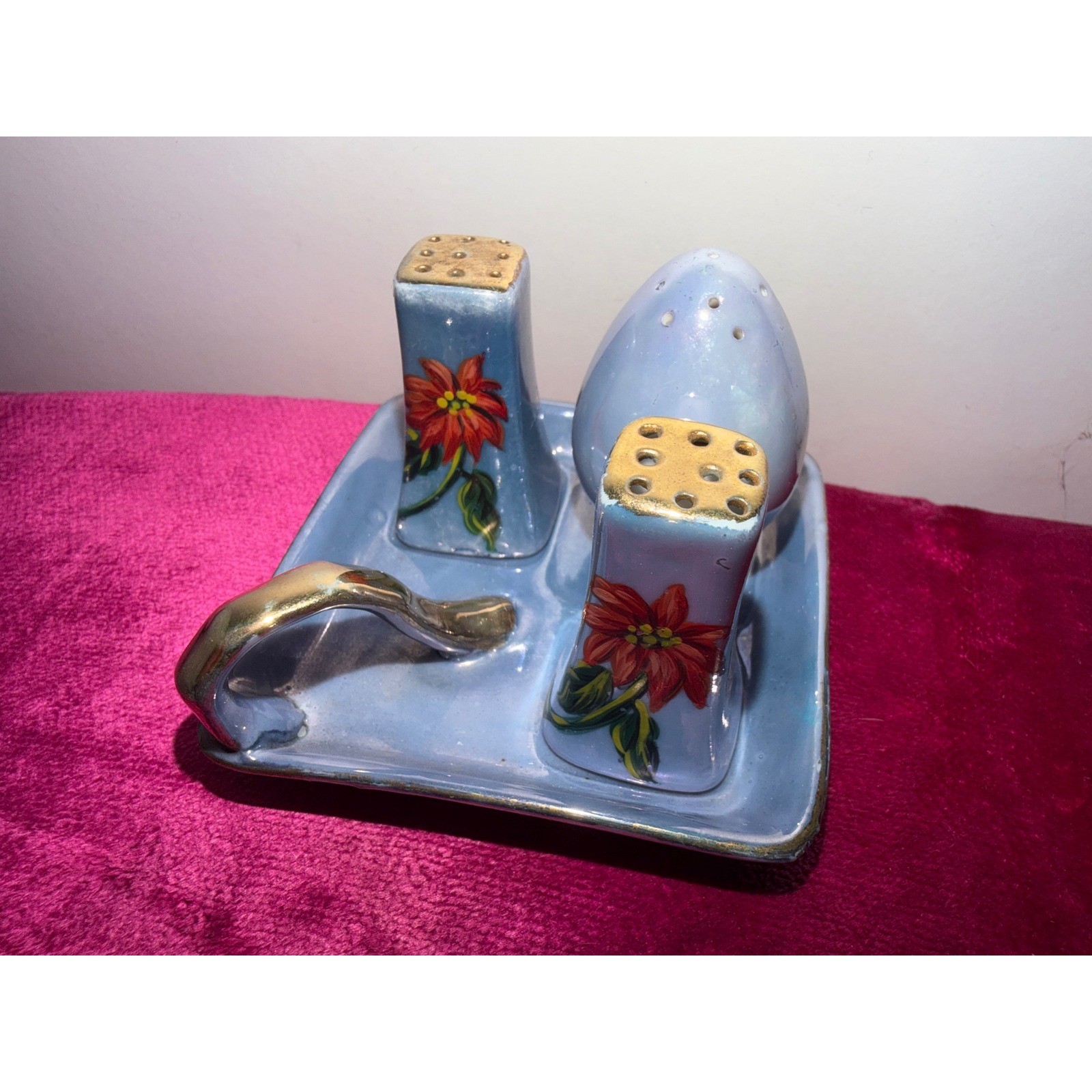 Vintage Nippon Hand Painted Lusterware Condiment Set Poinsettia Japan Blue 4pc