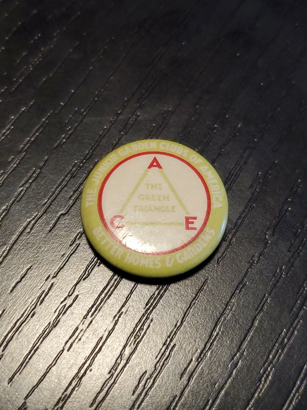 BETTER HOMES & GARDEN GREEN TRIANGLE 7/8 IN PINBACK BUTTON VINTAGE VERY RARE gm BETTER HOMES & GARDEN GREEN TRIANGLE 7/8 IN PINBACK BUTTON VINTAGE VERY RARE gm